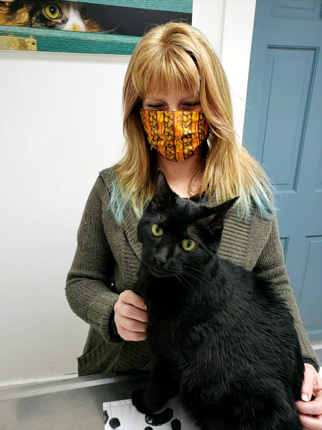 A person wearing a mask and holding a cat